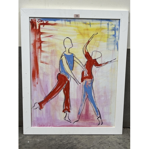 189 - SHEILA BENSON. BRITISH 20TH CENTURY. Red and Blue Dancers I. Signed initials. Oil on canvas 30