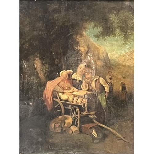 224 - FRENCH SCHOOL. 19TH CENTURY. Figures on a country road with infant in a cart. Oil on canvas 14