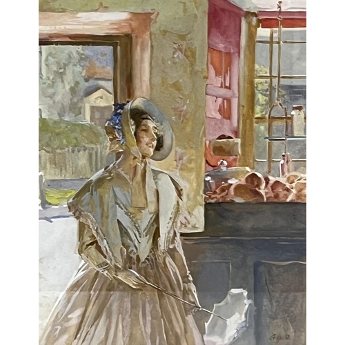 226 - 20TH CENTURY SCHOOL. Shop interior with lady holding a parasol. Indistinctly signed. Watercolour 10½... 