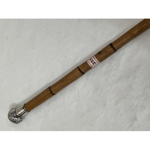 251 - A bamboo walking cane with white metal pommel.