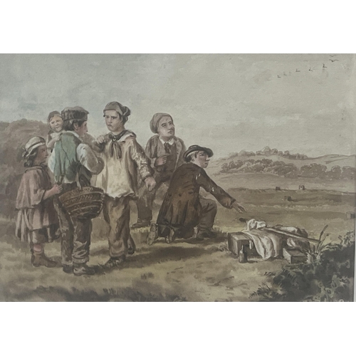 282 - ENGLISH SCHOOL. 19TH CENTURY. The Bird Catchers. Inscribed verso. Watercolour 7