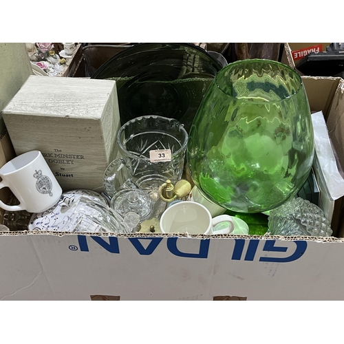 33 - A box of ceramics and glassware.