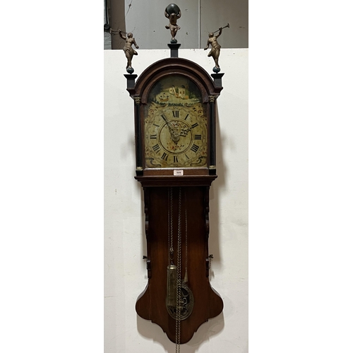 509 - A 19th Century Dutch staat or tail clock, with painted dial and alarm, the 30 hour brass turned pill... 