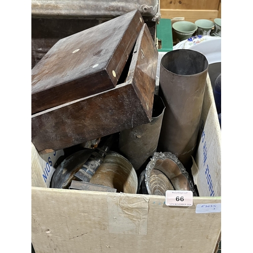 66 - Three boxes of metalware and sundries.