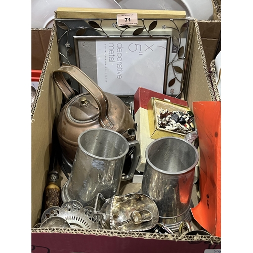 71 - A box of metalware and sundries with a tray of plated cutlery.