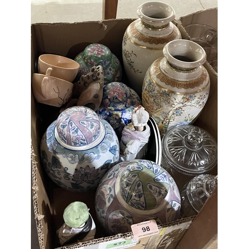 98 - Three boxes of ceramics, glassware and sundries.