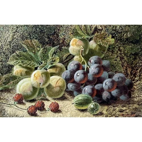 155 - OLIVER CLARE. BRITISH 1852-1927. Still life of fruit on a mossy bank. Signed. Oil on board 6