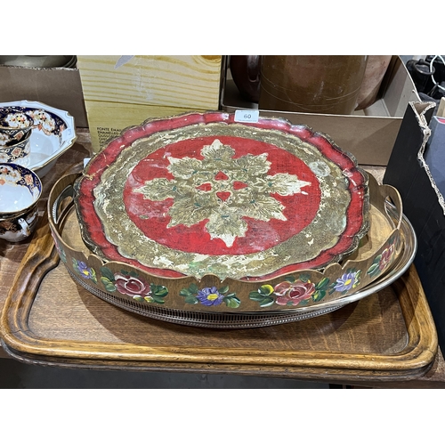 60 - Three wooden trays, a plated galleried oval tray and two plated serving dishes.