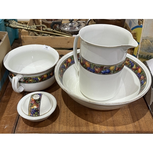 75 - A box of ceramics and glassware with a four piece chamber set.