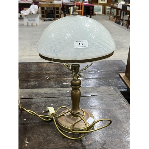 13 - A brass table lamp with 'Vaseline' domed glass shade. 17