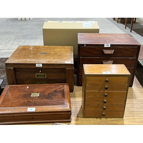 14 - An oak cutlery canteen, a mahogany cutlery box and two small chests of drawers