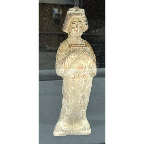 182 - Four Chinese archaic terracotta female figures. Probably Tang dynasty. Box framed. The figures 8