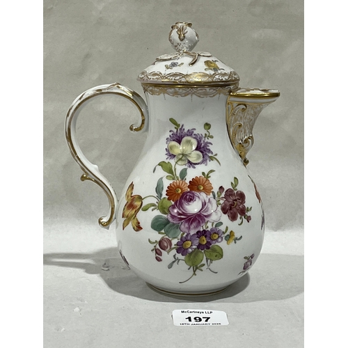 197 - A late Meissen coffee pot and cover, the baluster body gilded and painted in enamels with summer flo... 