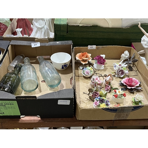 21 - Two boxes of old bottles, ceramic and metal roses etc.