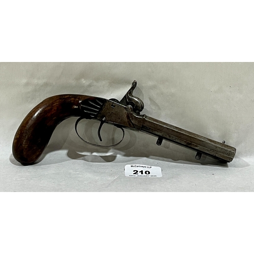 210 - A 19th Century continental double barrelled side by side greatcoat pistol. Barrels 4