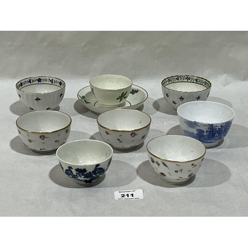 211 - Eight 18th and 19th Century porcelain teabowls, one with a saucer.