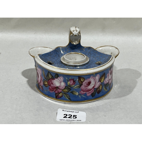 225 - A 19th Century Chamberlains Worcester inkstand, gilded and painted with pink roses on a blue ground.... 