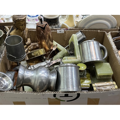 30 - Two boxes of metalware and sundries