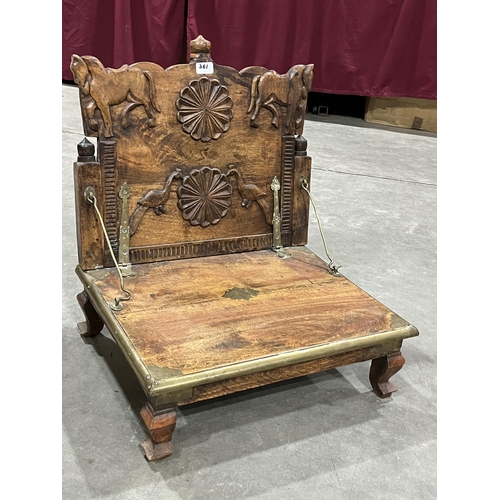 361 - An Indian carved hardwood and brass mounted seat with hinged back. 22