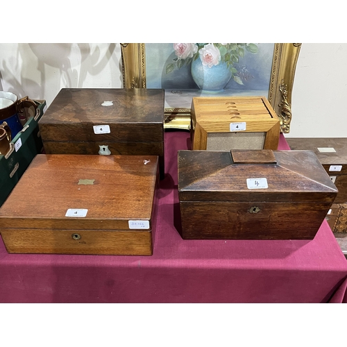 4 - A Victorian rosewood travelling dressing box with plated topped jars; a mahogany writing slope; a ro... 