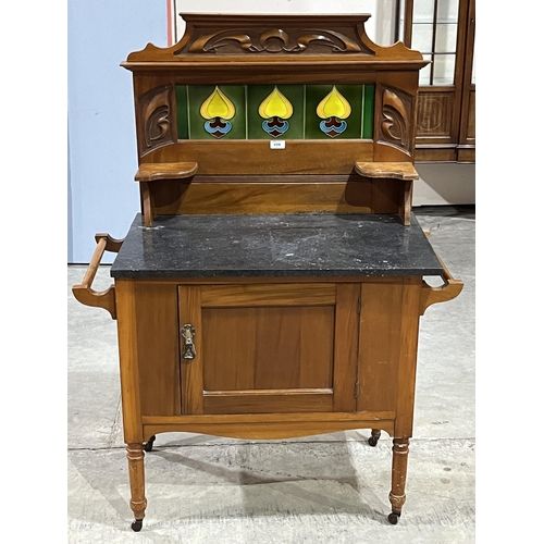 408 - A late Victorian satinwood washstand with marble top, the raised back with inset Art-Nouveau tube li... 