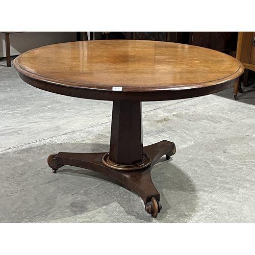 410 - An early Victorian mahogany centre table, the snap-top on faceted column and tripartite platform bas... 