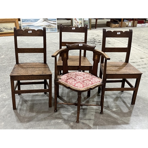 415 - A set of three 19th century oak country chairs and an Edward VII corner chair. (4)