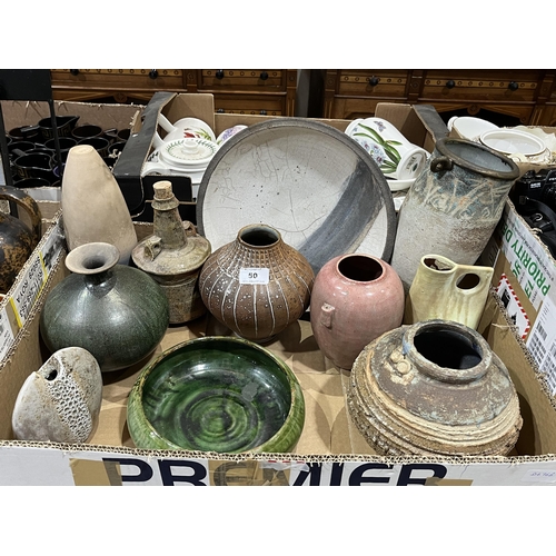 50 - Two boxes of studio pottery