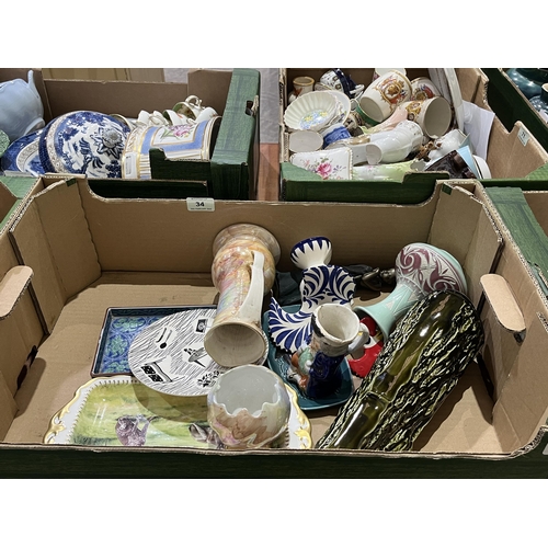 34 - Three boxes of mixed vintage china and ceramics to include character jugs, figurines etc.