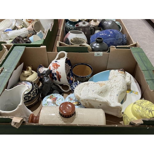 34 - Three boxes of mixed vintage china and ceramics to include character jugs, figurines etc.