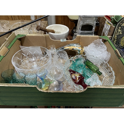 61 - Two boxes of mixed vintage glassware to include cut glass pedestal bowl, a Rosenthal plaque, Murano ... 