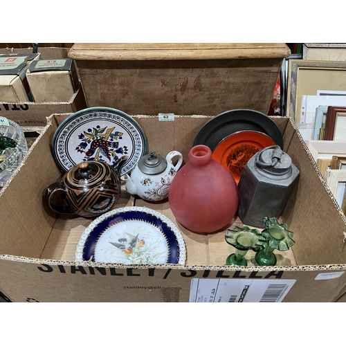 62 - A box of ceramics, glassware and pewter