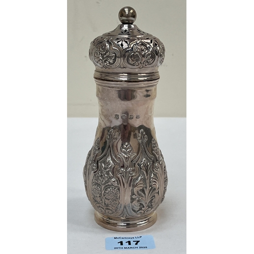 117 - A Victorian silver baluster caster, with repousse foliate decoration. Birmingham 1899. 7