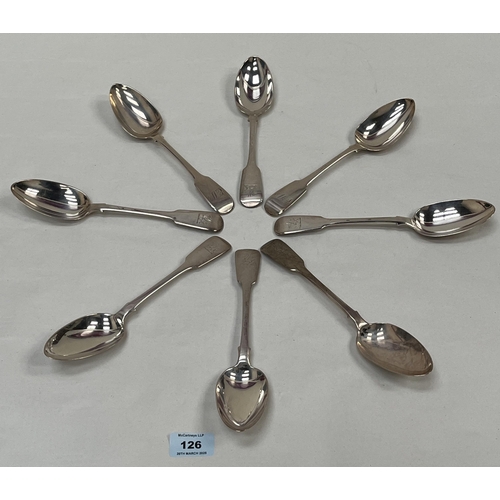 126 - A set of eight George IV or WIlliam IV silver fiddle pattern serving spoons. London 1828 or 1834. 20... 