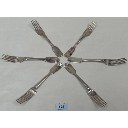 127 - A set of six Victorian silver fiddle pattern dinner forks. Crested. London 1845 or 1849. 13ozs 17dwt... 