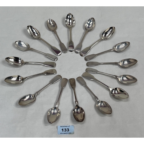 133 - Sixteen Victorian silver fiddle pattern teaspoons. Various assays and dates. 10ozs 4dwts