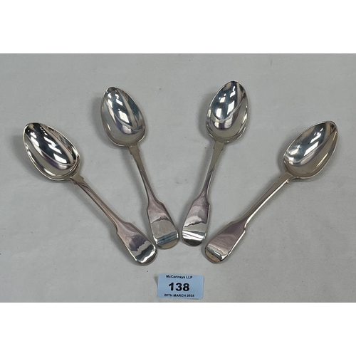 138 - Four William IV silver fiddle pattern dessert spoons. London 1830 or 1832. 6ozs