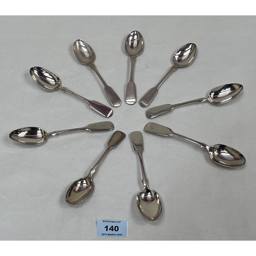 140 - Nine silver fiddle pattern teaspoons. Various dates and assays. 5ozs 14dwts