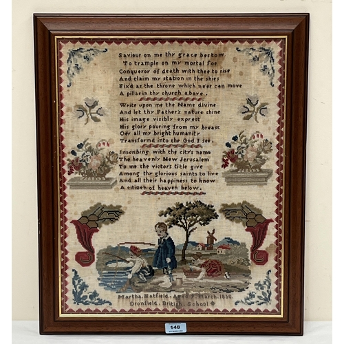 148 - A Victorian needlework sampler, worked by Martha Hatfield, aged 9 years, March 1850, Dronfield Briti... 