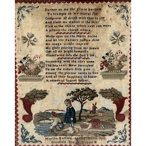 148 - A Victorian needlework sampler, worked by Martha Hatfield, aged 9 years, March 1850, Dronfield Briti... 