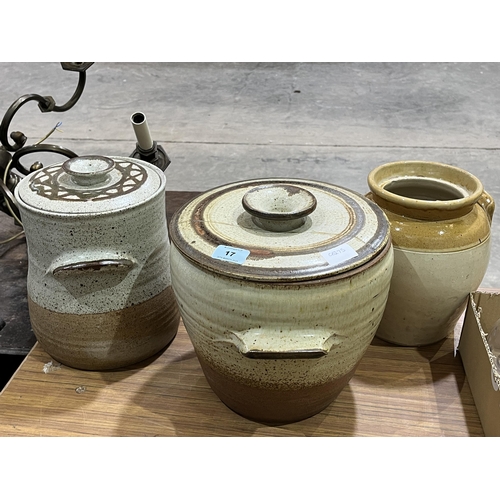 17 - A stoneware bread crock and cover (A.F.); a stoneware jar and cover and a brewer's jar. Impressed Pr... 