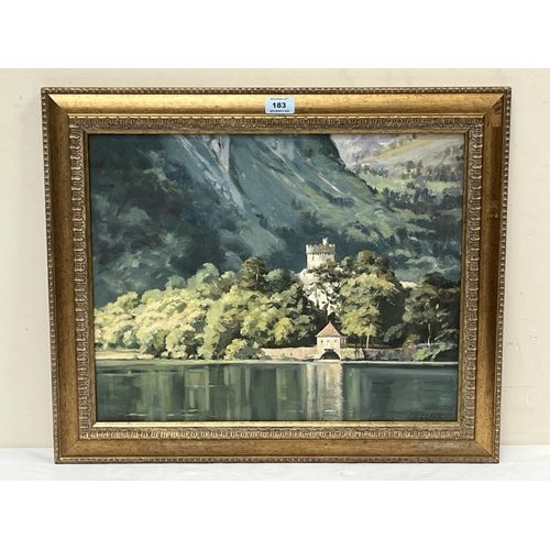 183 - J.R. CLARK. BRITISH 20TH CENTURY Duingt Castle - Annecy - France. Signed. Inscribed verso. Oil on bo... 