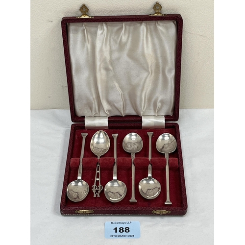 188 - Five cased silver seal top teaspoons with an MCC cricket spoon. 2ozs