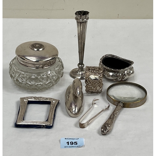 195 - A silver topped cut glass powder jar; silver salt and other silver objects