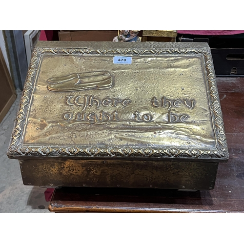 470 - A brass embossed slipper box. 15½