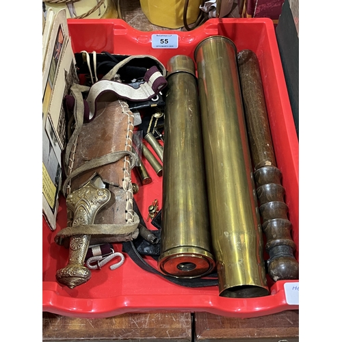 55 - A box of brassware, truncheon etc.