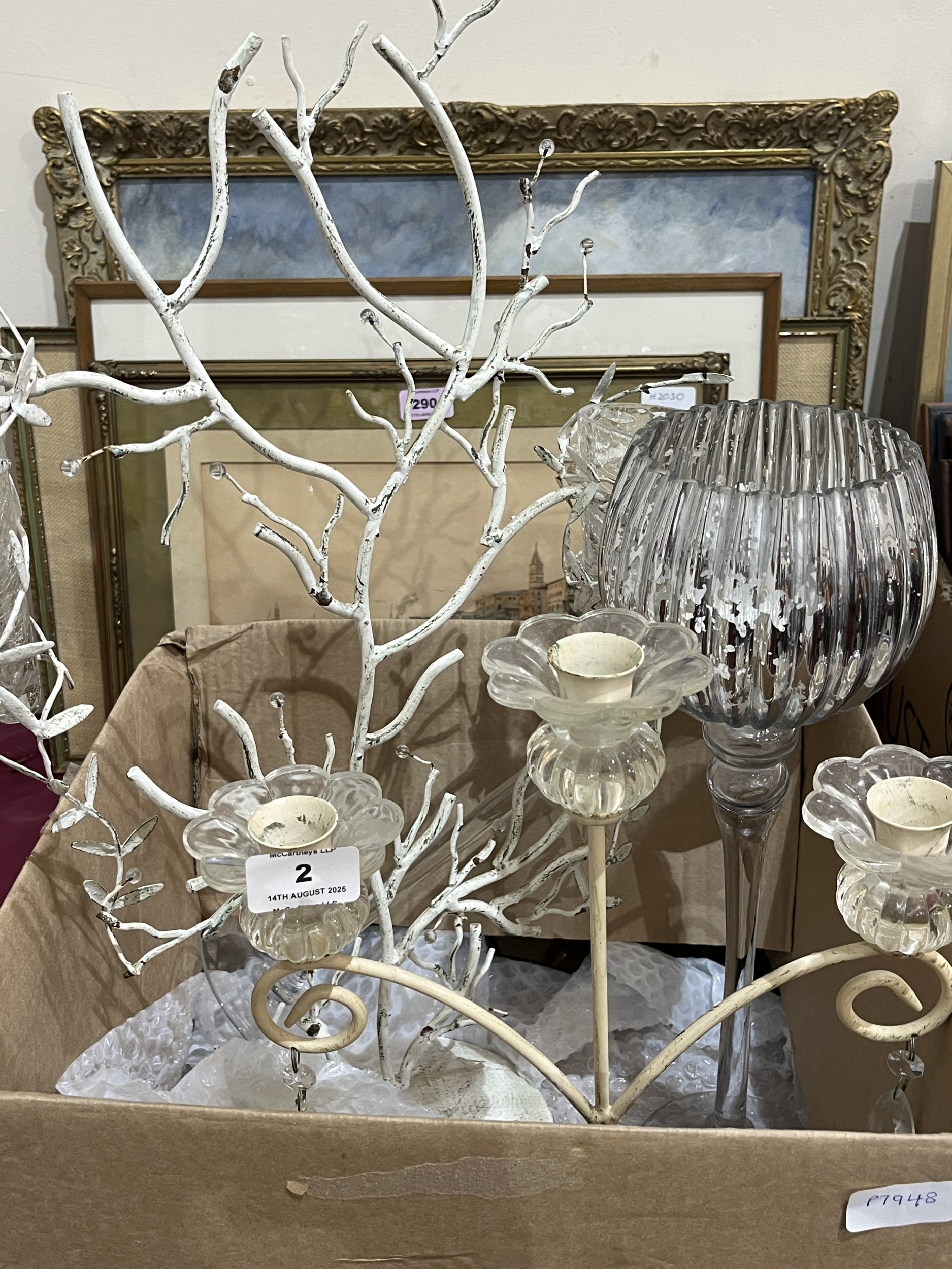 A box of candlesticks etc.