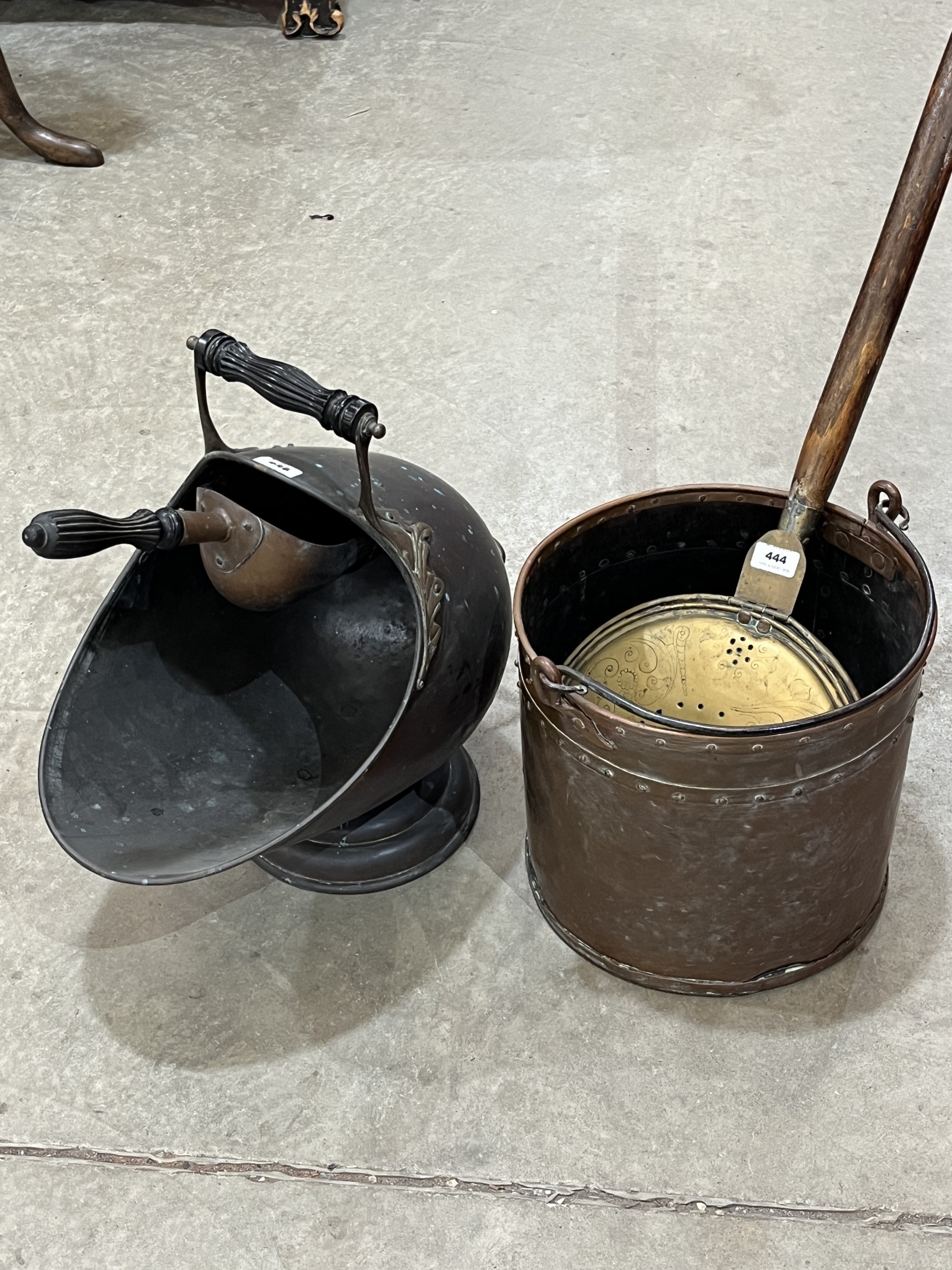 A copper coal bin; a coal scuttle with shovel and a brass warming pan