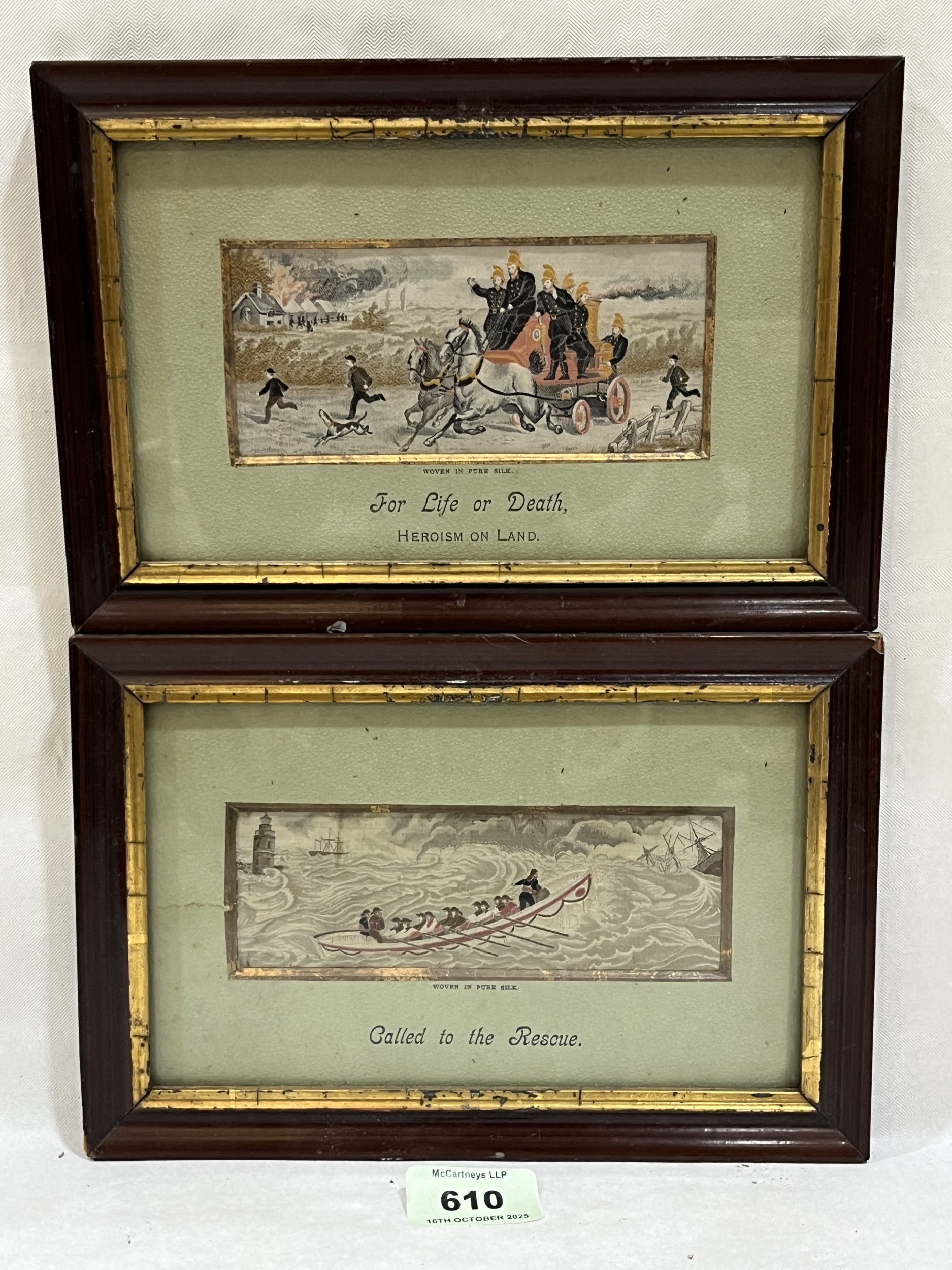 Two Stevengraph pictures, For Life or Death; Called to the Rescue. 2¼in ...