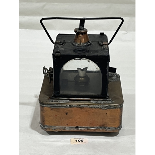 100 - A British Railway copper and tin cased signal lamp, embossed BR (M) for Midlands. 10in high includin... 